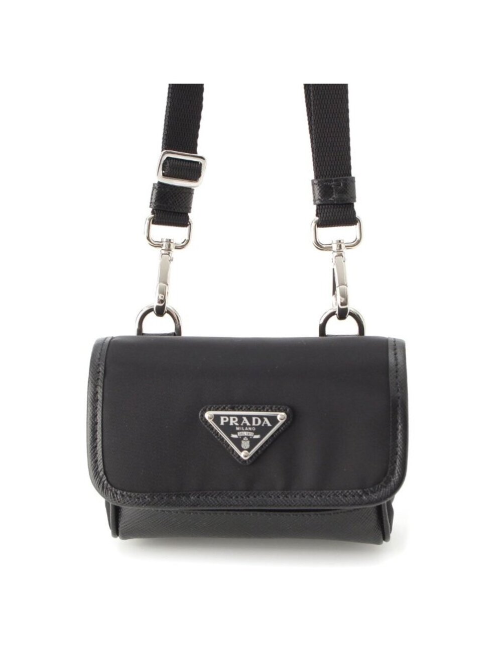 Prada Re-Nylon Leather Triangle Plate Mini Shoulder Bag Black